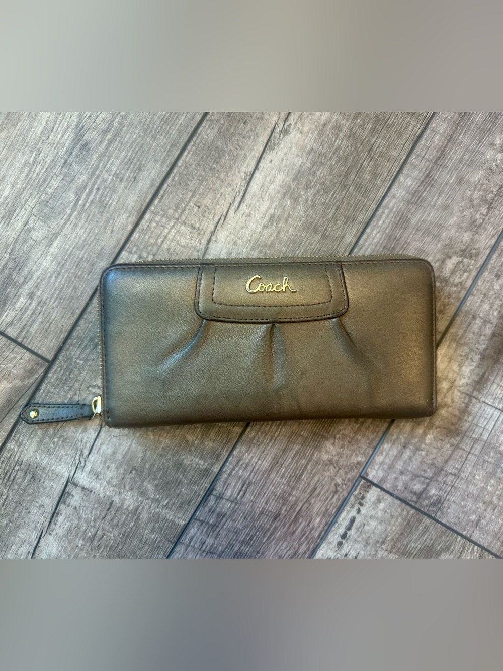 Coach Grey/Silver Leather Zip Wallet with Gold Logo